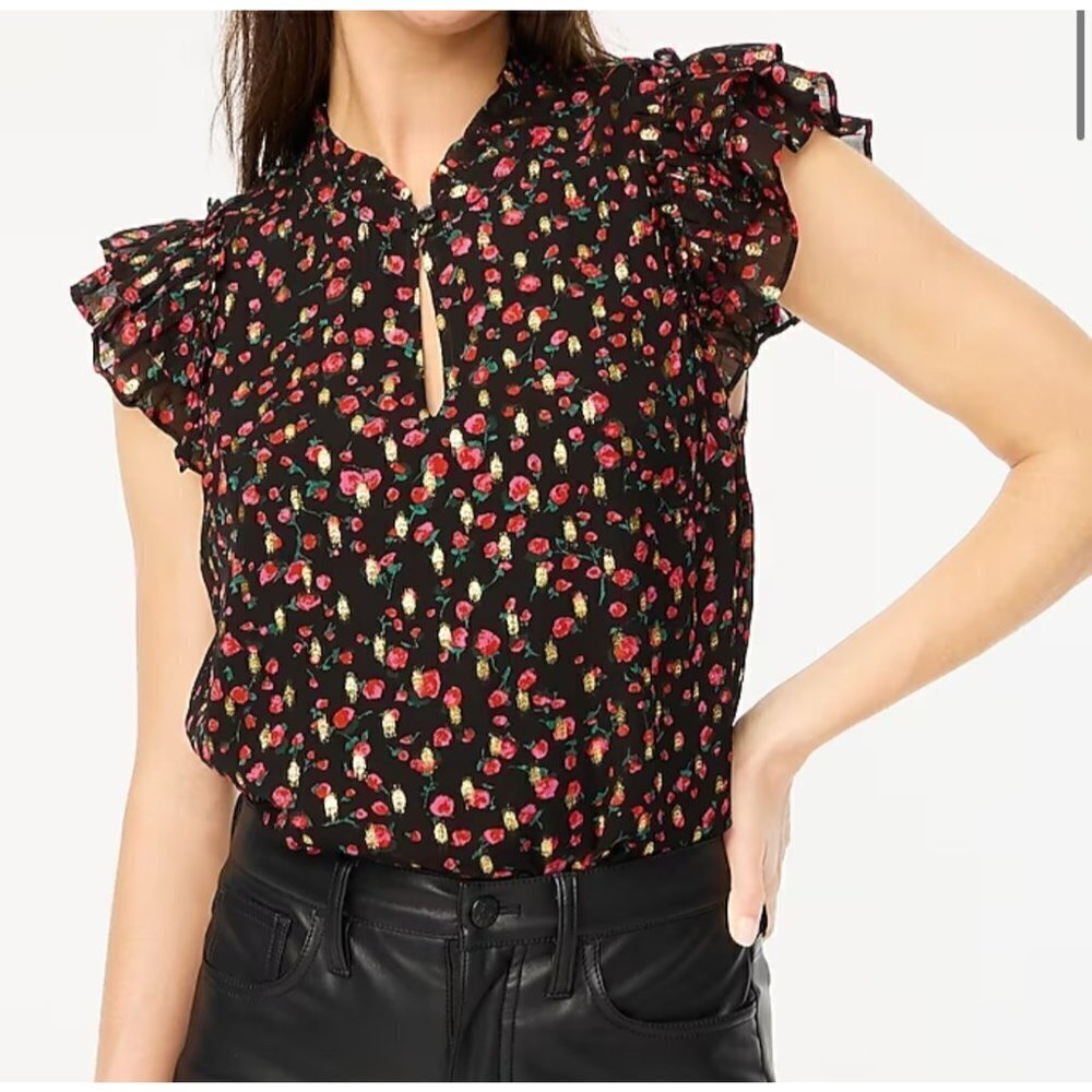 J.Crew Ruffleneck Flutter-Sleeve Top Red Black SZ M Key Hole Button NEW